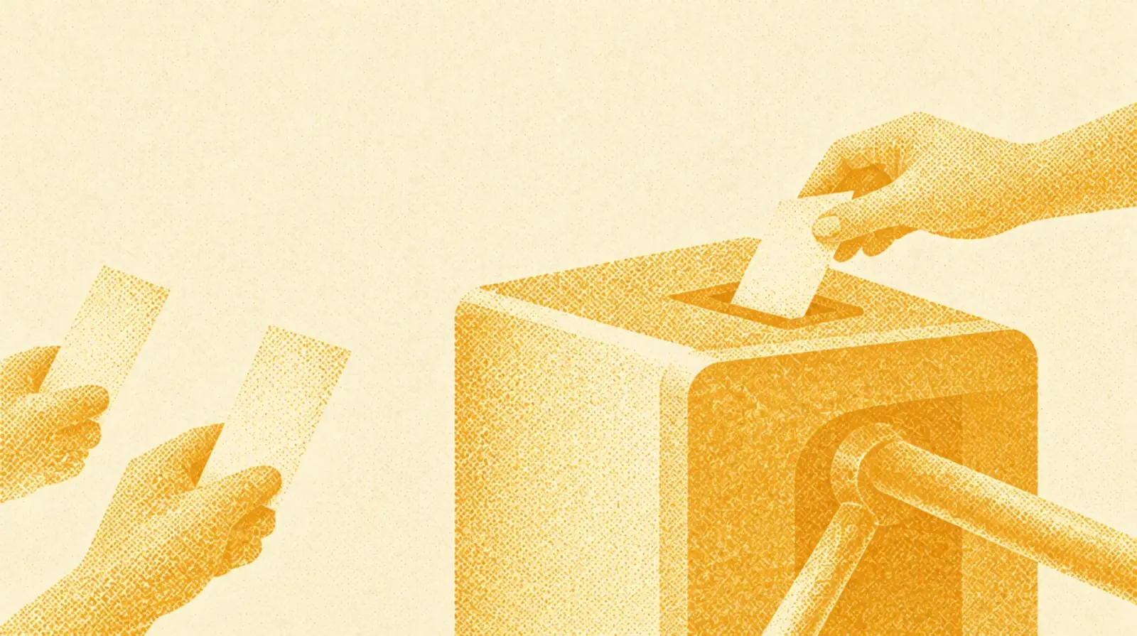 Ochre illustration: a turnstile with a paper ticket being inserted and two more tickets waiting in line behind.