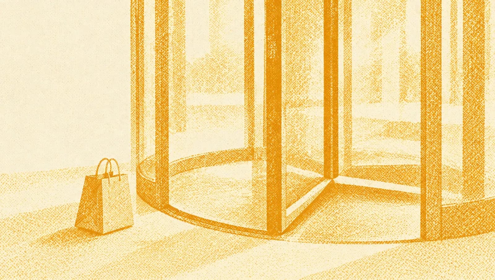 Illustrazione in toni ocra: una porta girevole di un negozio ferma a metà, con una piccola borsa della spesa lasciata a terra appena fuori.