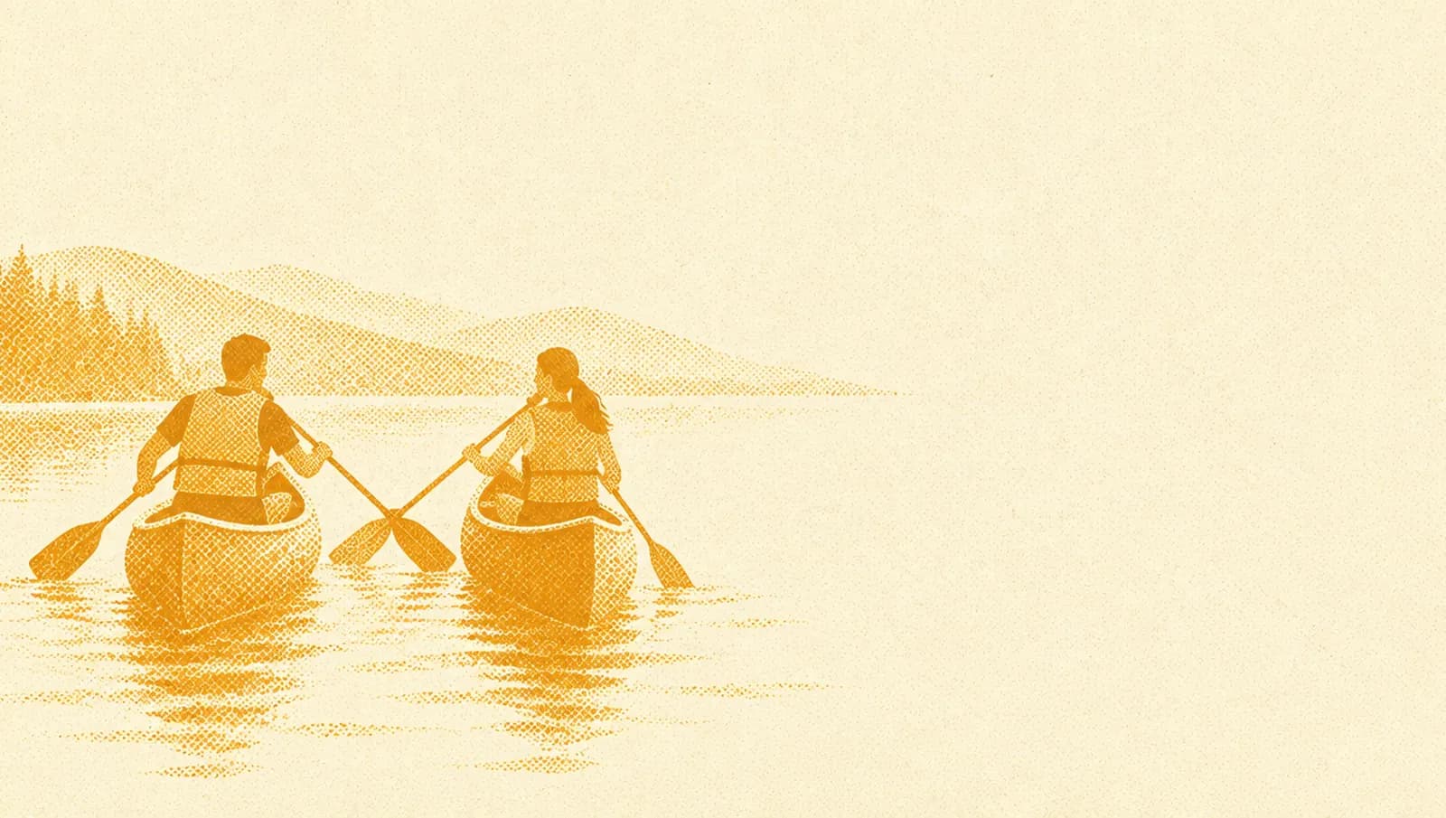 Illustrazione in toni ocra: due canoe che pagaiano fianco a fianco su un lago calmo, con le pagaie che si incrociano.