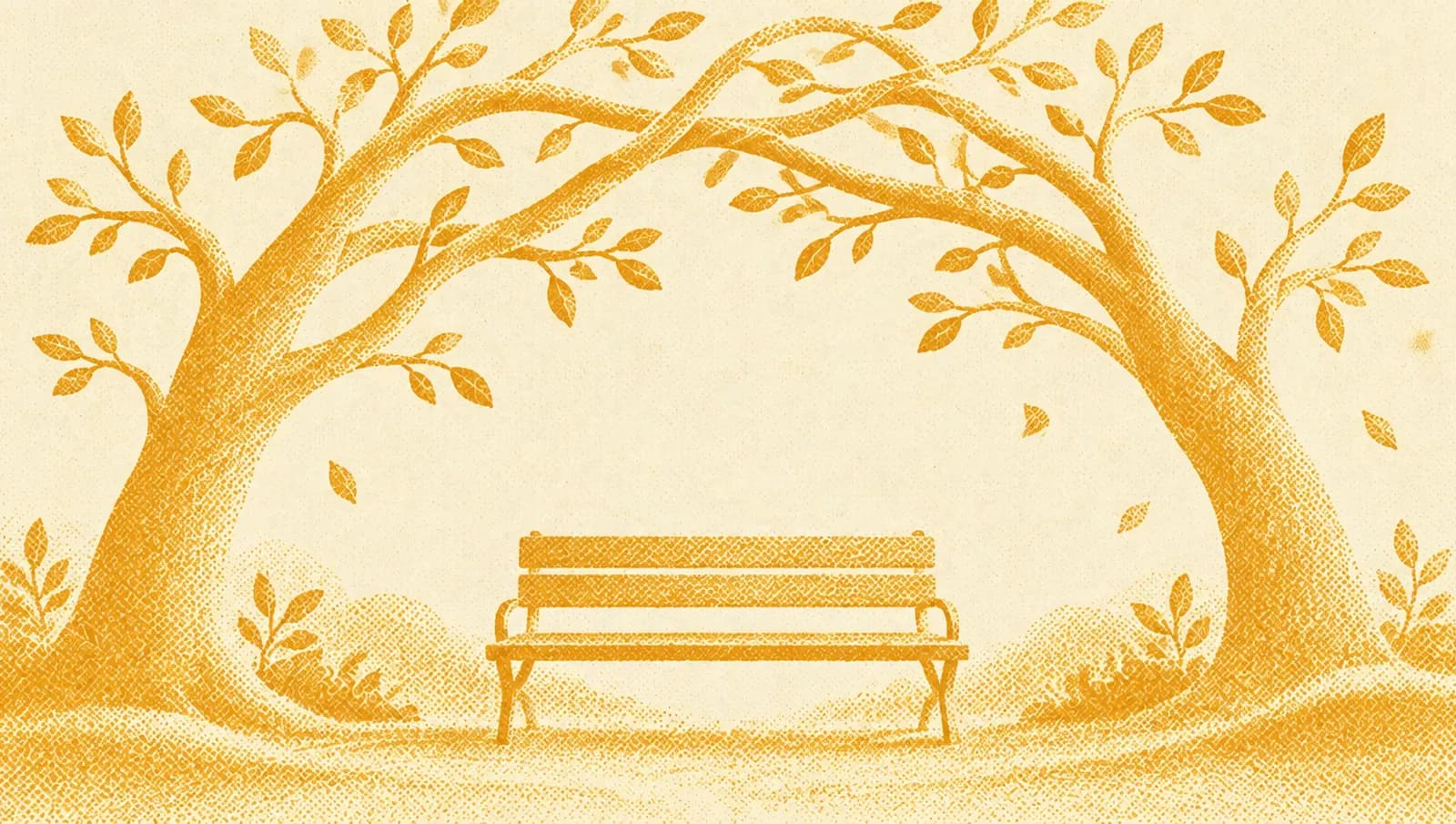 Illustrazione in toni ocra: due alberi i cui rami si intrecciano formando un arco sopra una panchina in un parco.