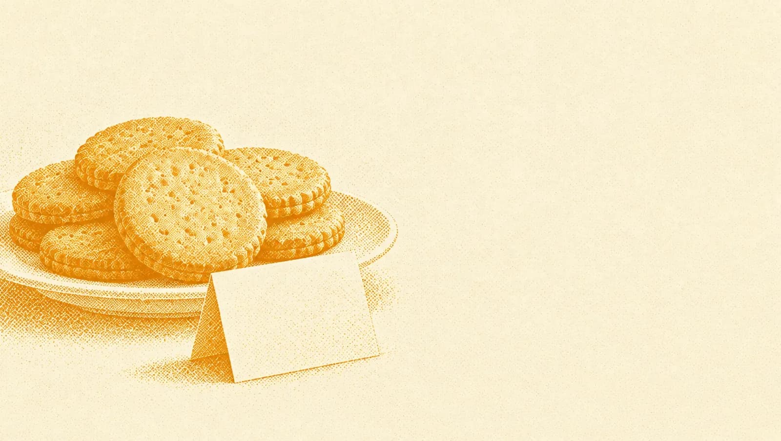 Illustrazione in toni ocra: un piatto di biscotti tondi con un piccolo cartoncino bianco piegato in piedi davanti.