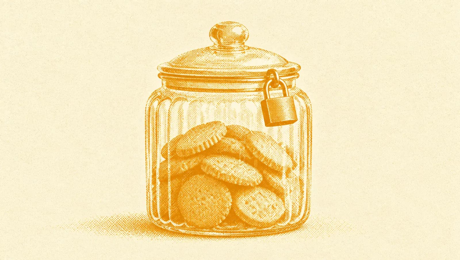 Illustrazione in toni ocra: un barattolo di vetro per biscotti con il coperchio chiuso e un piccolo lucchetto appeso al coperchio.