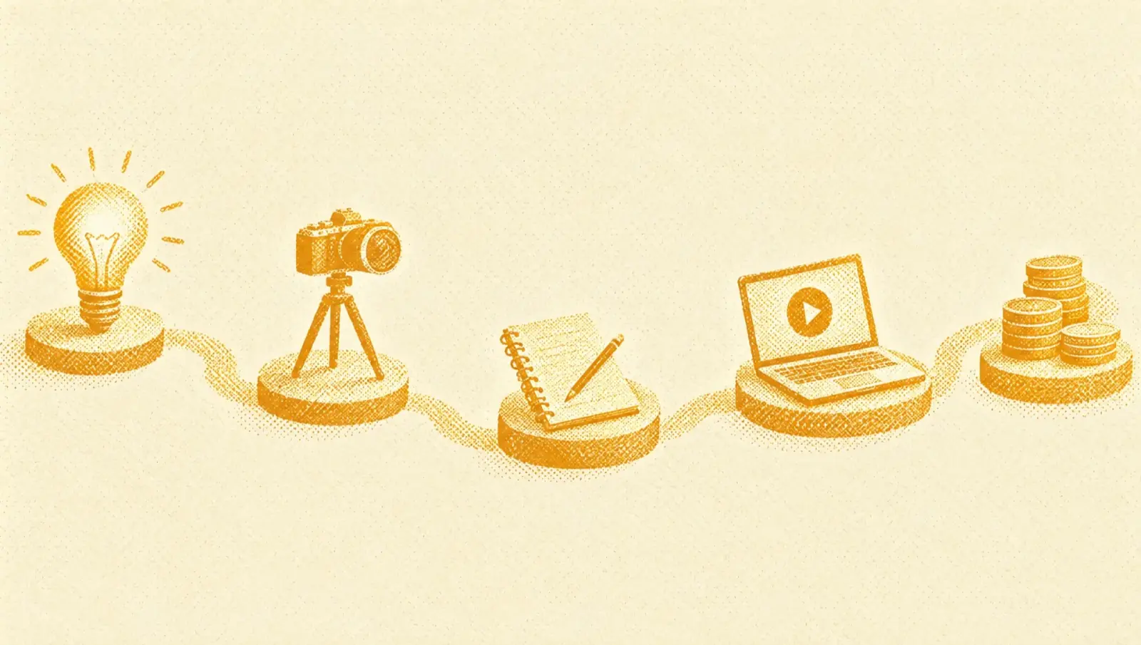 Illustrazione in toni ocra: un sentiero di sassi che parte da una lampadina, passa per una videocamera su cavalletto, un quaderno e un laptop, e arriva a una pila di monete.