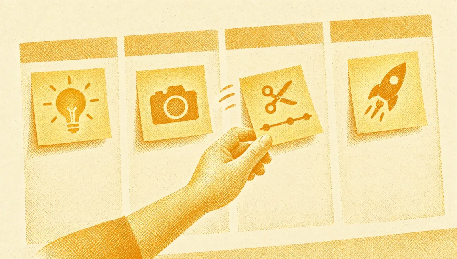 Illustrazione in toni ocra: una lavagna a quattro colonne con post-it che passano da una lampadina a una videocamera, a un montaggio, a un razzo.
