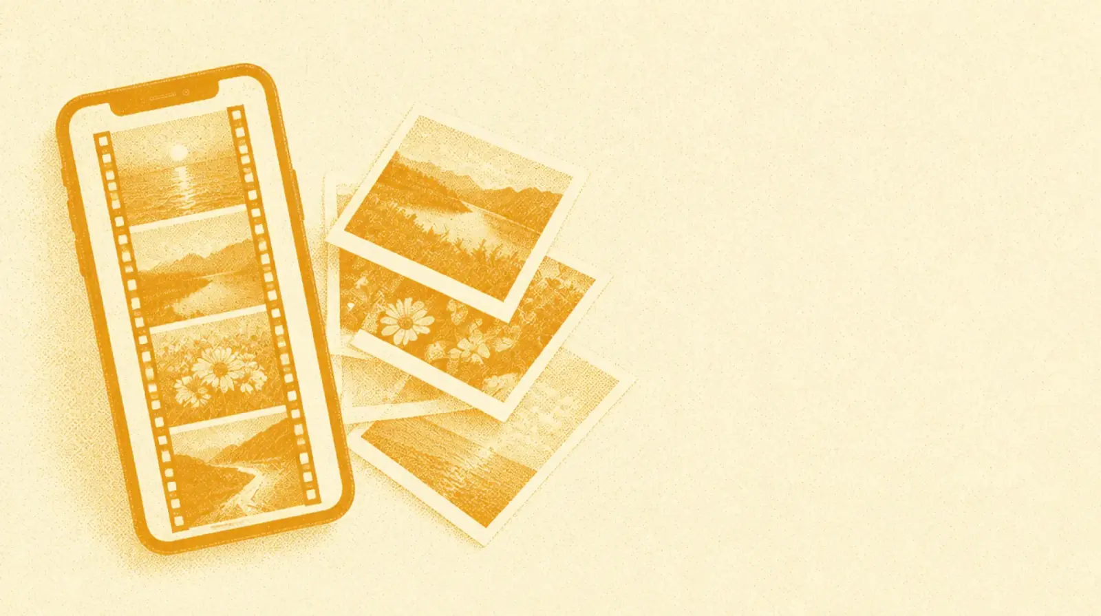 Ochre illustration: a phone frame with a vertical film strip inside and a fan of square photo cards beside it.