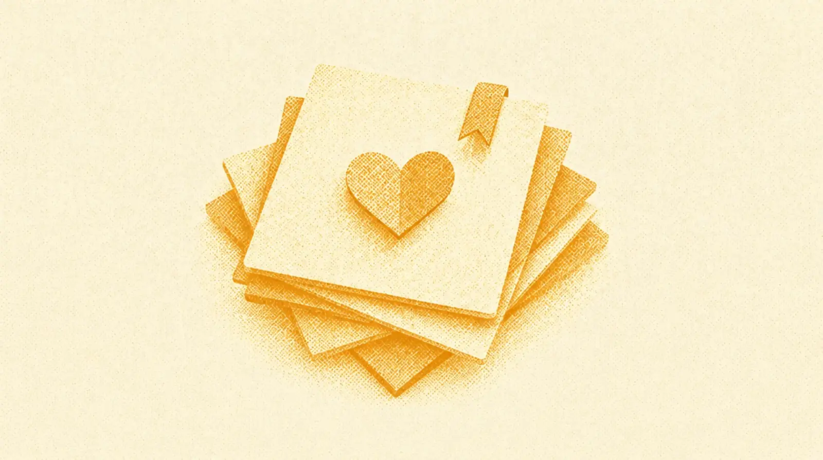 Ochre illustration: a stack of slightly offset square cards like a carousel, with a bookmark ribbon and a paper heart on top.