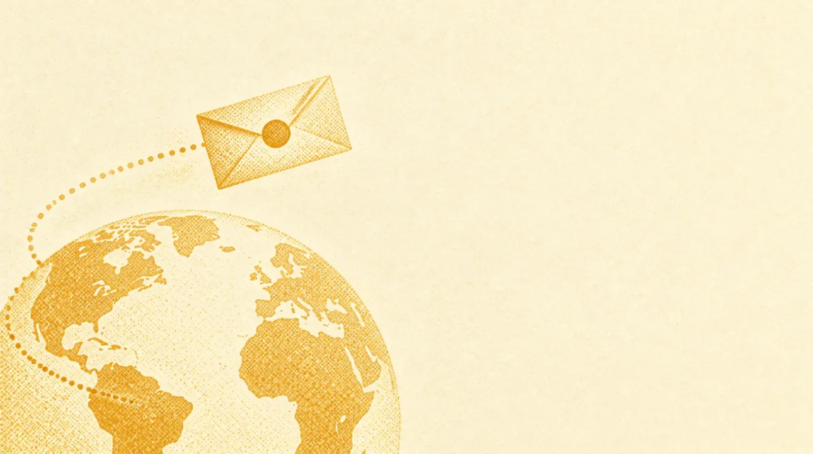Illustrazione in toni ocra: una busta di carta con un timbro rotondo che vola sopra un globo semplice lungo una rotta tratteggiata curva.