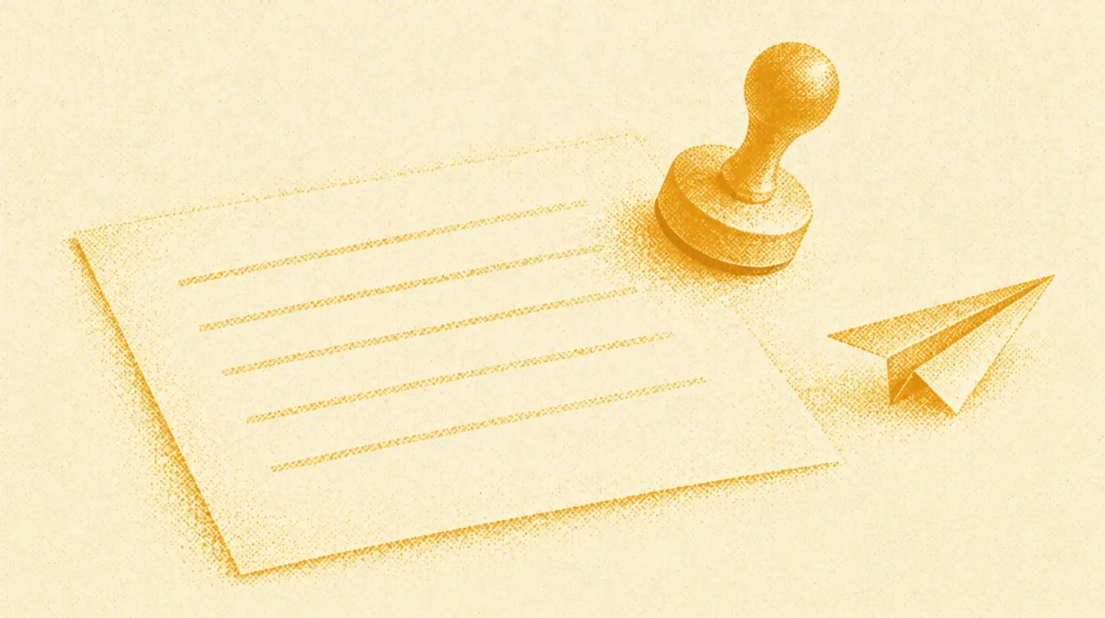 Illustrazione in toni ocra: un foglio di carta con righe vuote e un timbro rotondo su un angolo, accanto a un piccolo aeroplano di carta.