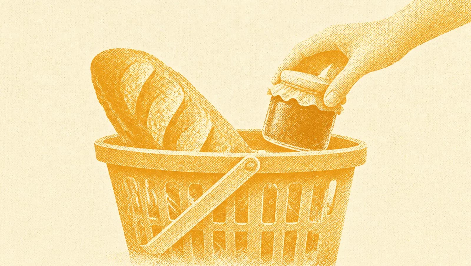 Ochre illustration: a shopping basket with a loaf of bread and a small jar of jam being added beside it.