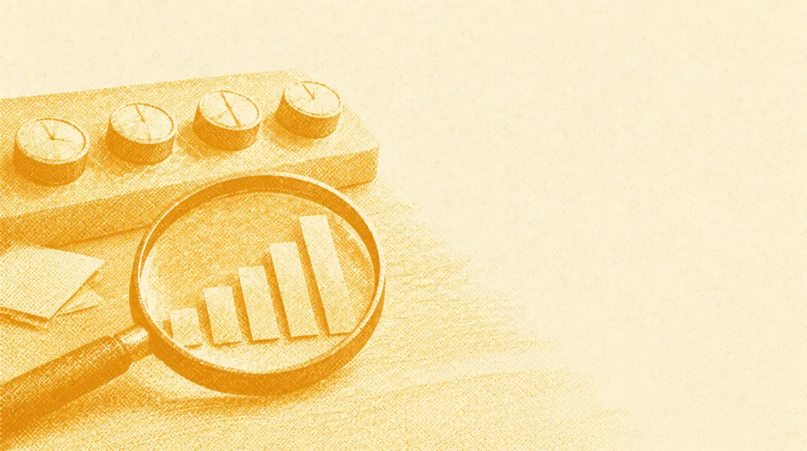 Ochre illustration: a desk with a row of round dials and a magnifying glass over a small bar chart made of paper strips.