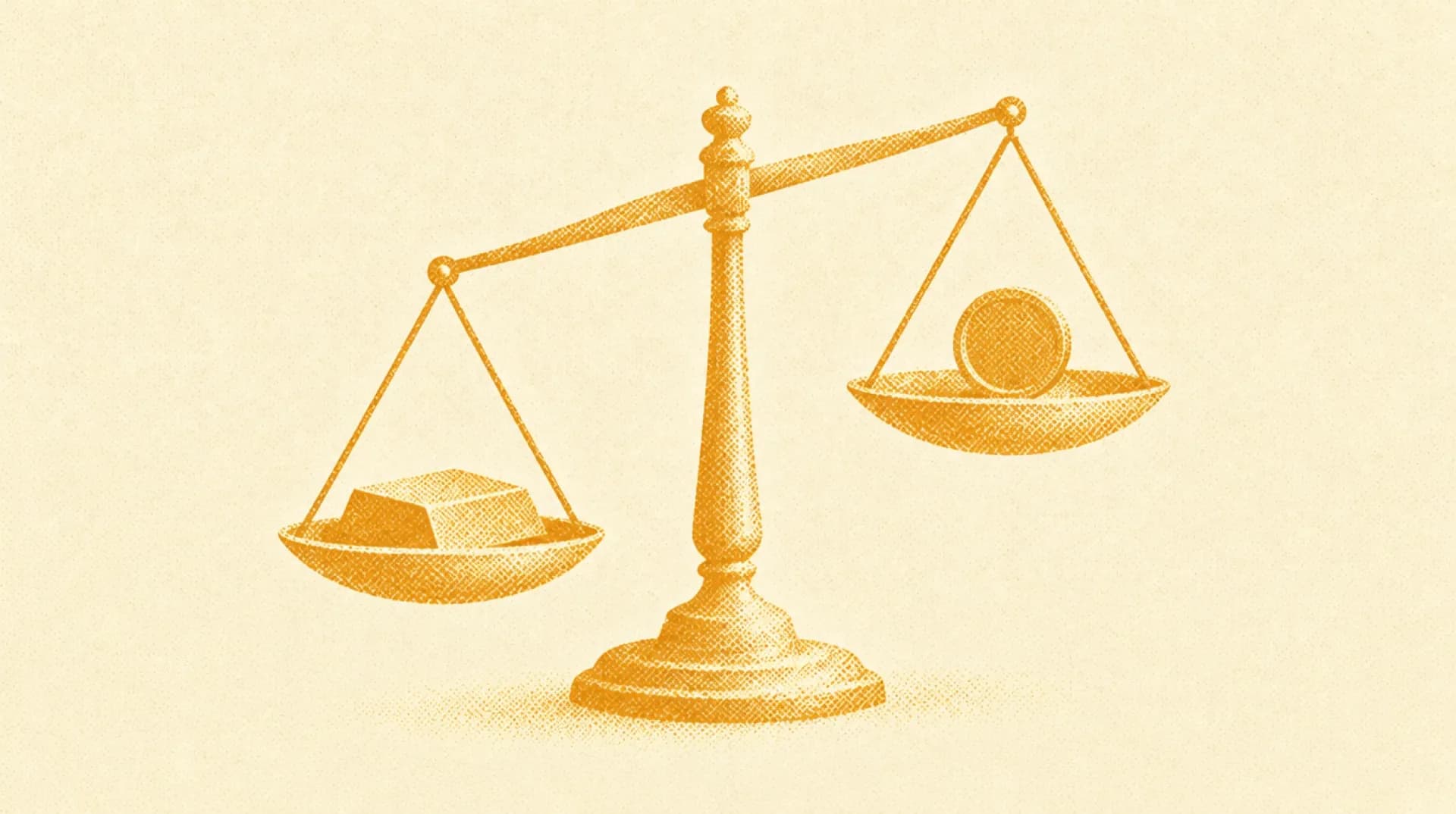 Ochre illustration: a two-pan scale with a small bar on one side and a round disc on the other, slightly tilted.