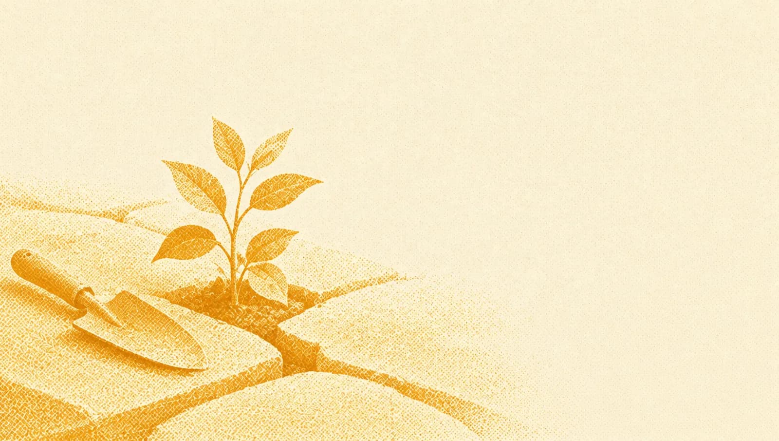 Illustrazione in toni ocra: una piccola pianta in vaso che cresce in uno spazio tra grandi lastre di pietra, con una paletta da giardino accanto.