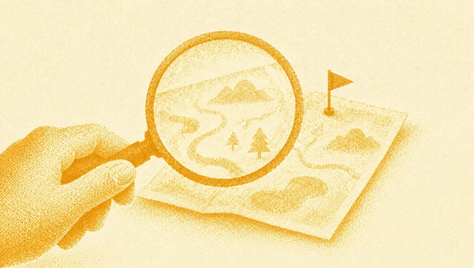 Illustrazione in toni ocra: una lente d'ingrandimento sopra una piccola mappa con una bandierina piantata in un angolo tranquillo.