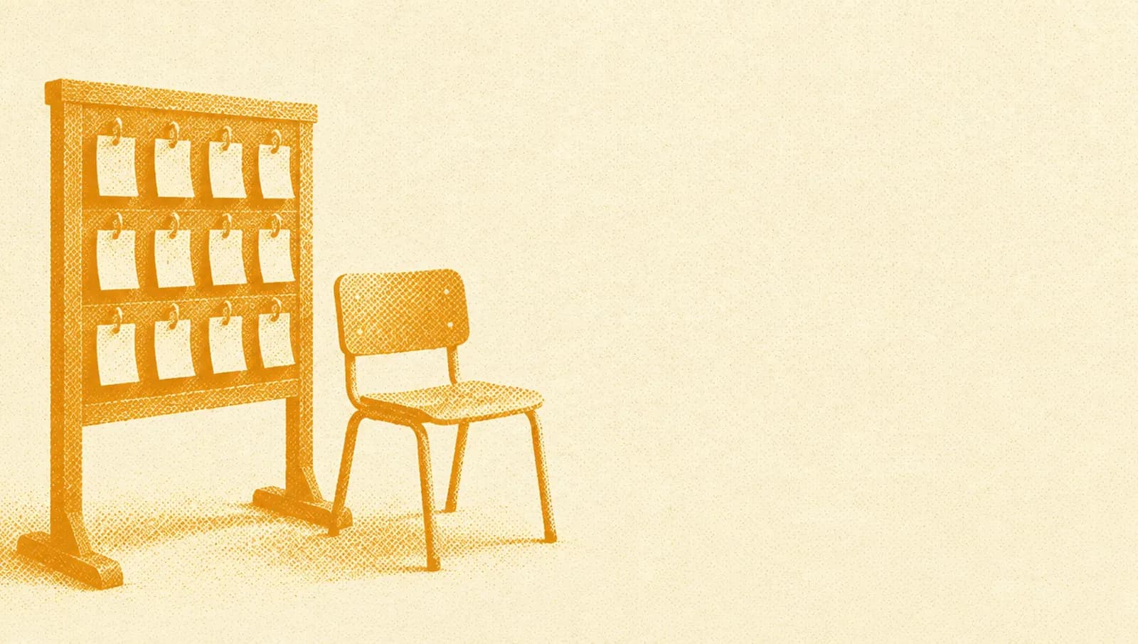 Ochre illustration: a wooden board with small paper tickets hanging on hooks and an empty classroom chair beside it.