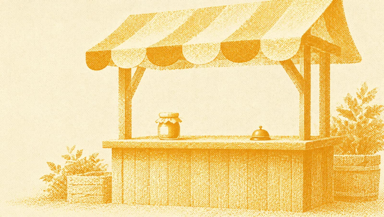Ochre illustration: a small market stall with a single sample jar on the counter and a little bell, before opening.