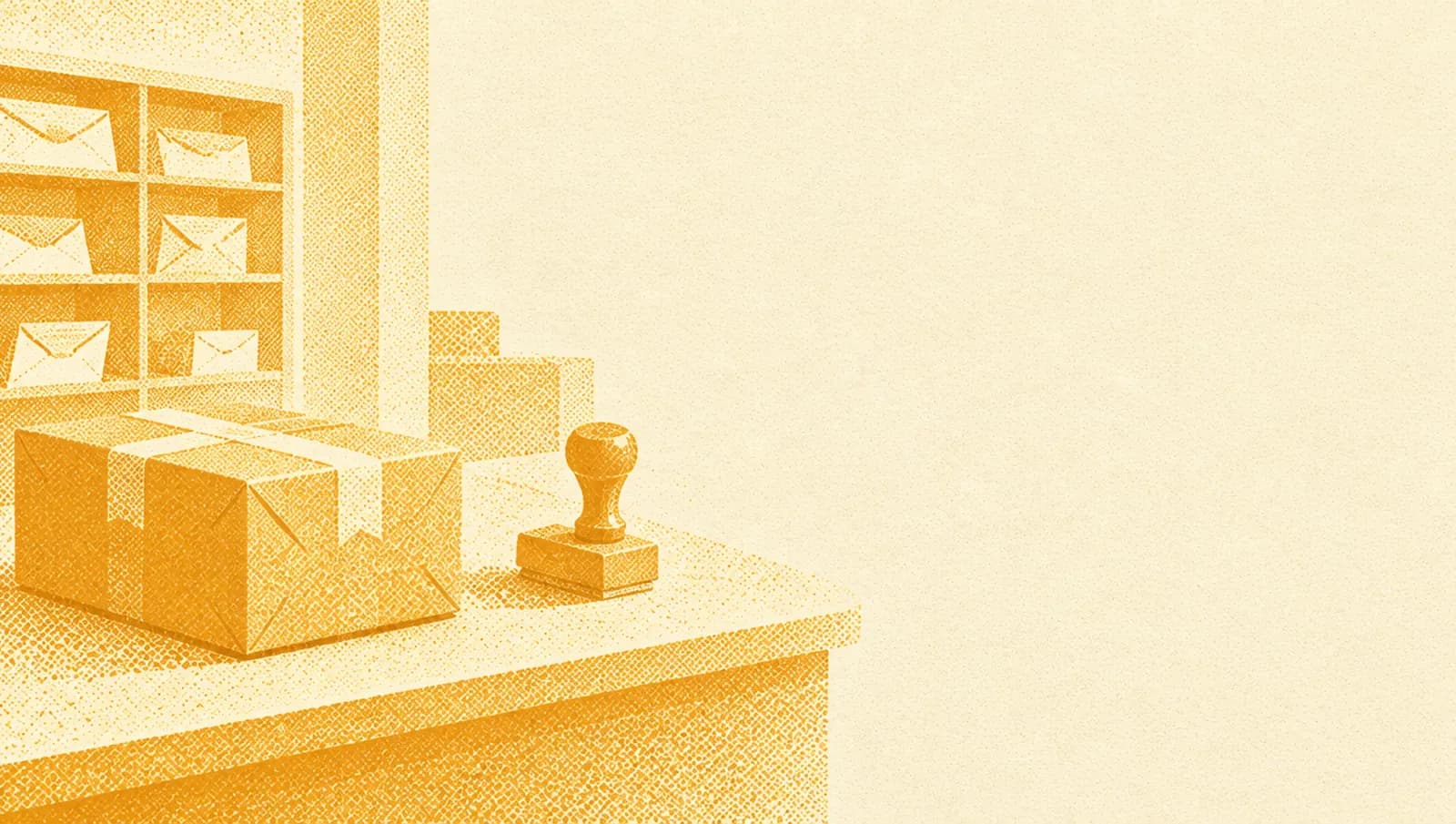 Ochre illustration: a small post office counter with a returned parcel and a rubber stamp beside it.