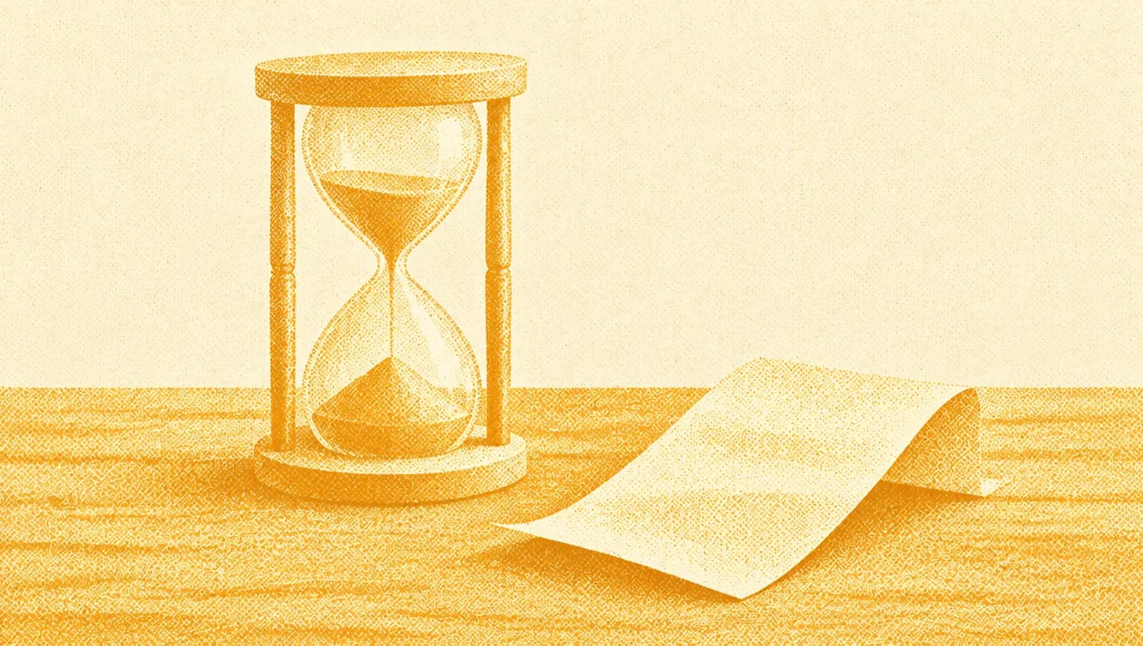 Ochre illustration: an hourglass standing beside a folded paper receipt on a wooden table.