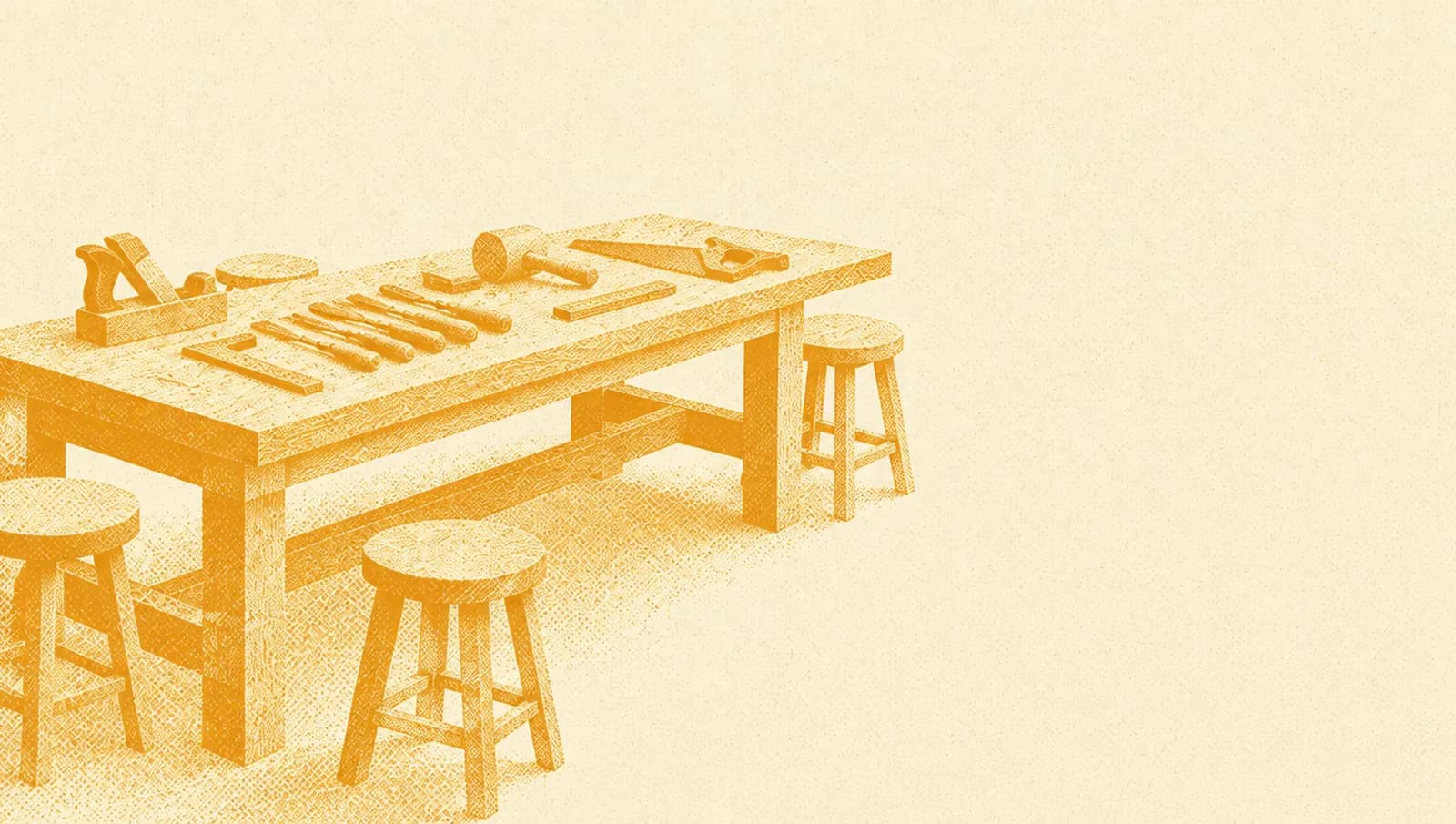 Illustrazione in toni ocra: un lungo banco da lavoro in legno con attrezzi disposti in ordine e diversi sgabelli intorno.