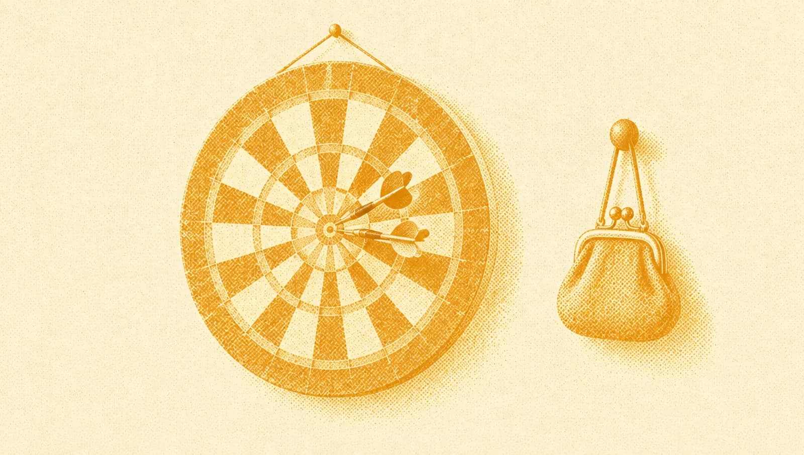 Illustrazione in toni ocra: un bersaglio da freccette appeso a una parete con alcune freccette vicino al centro e un piccolo portamonete appeso a un gancio accanto.