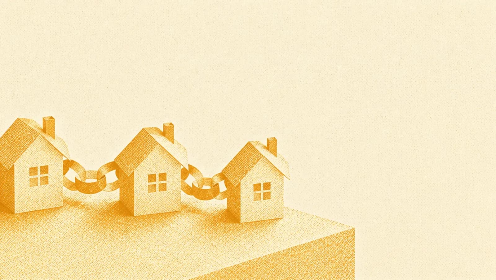 Ochre illustration: three small paper houses on a table connected to each other by a chain of paper links.