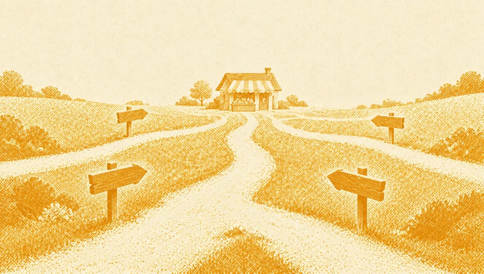 Ochre illustration: several country paths converging toward one small shop in the distance, with wooden signposts along each path pointing the same way.