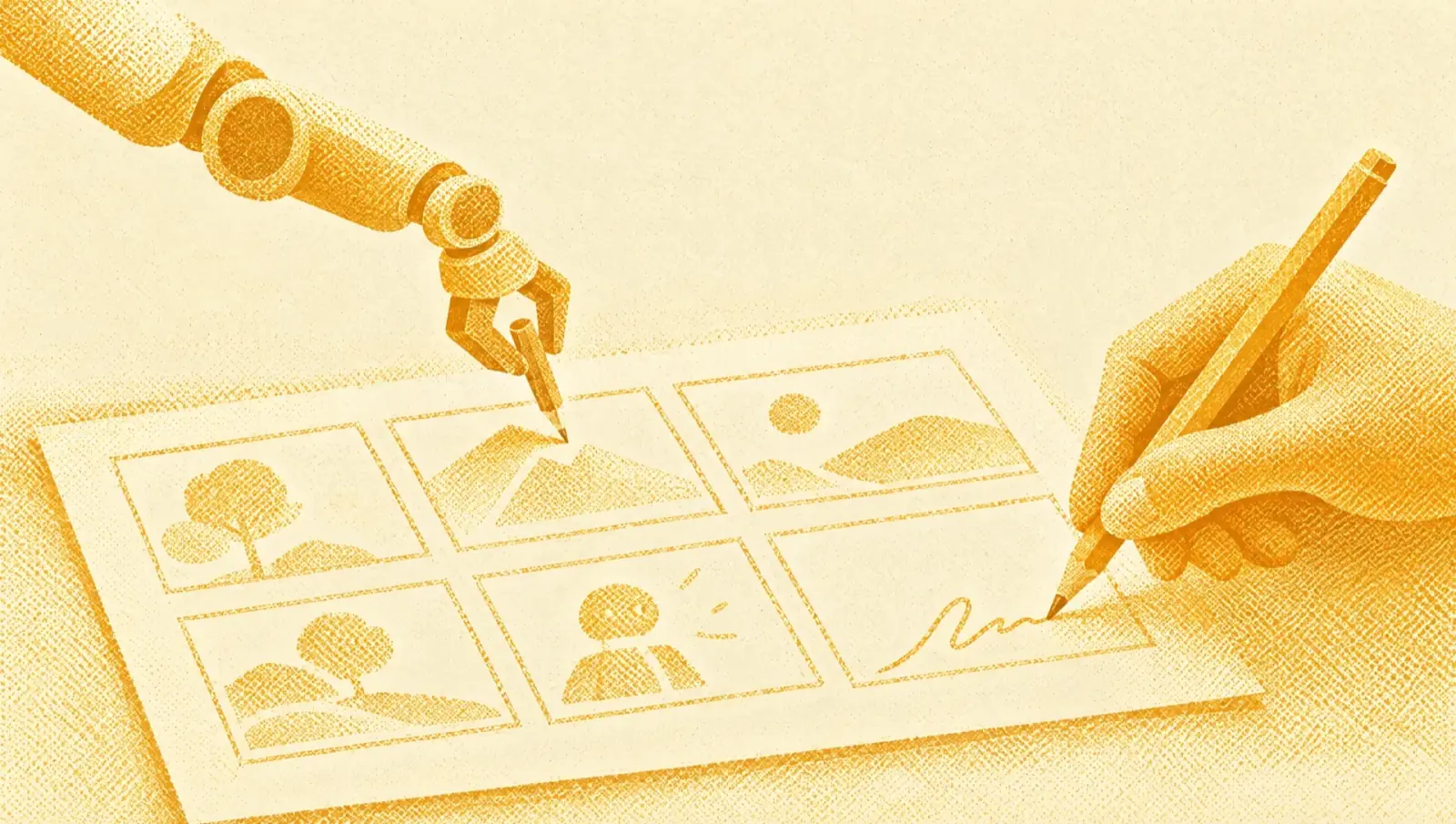 Ochre illustration: a human hand with a pencil and a small mechanical arm drawing together on a storyboard of empty frames; the human hand adds the final signature.