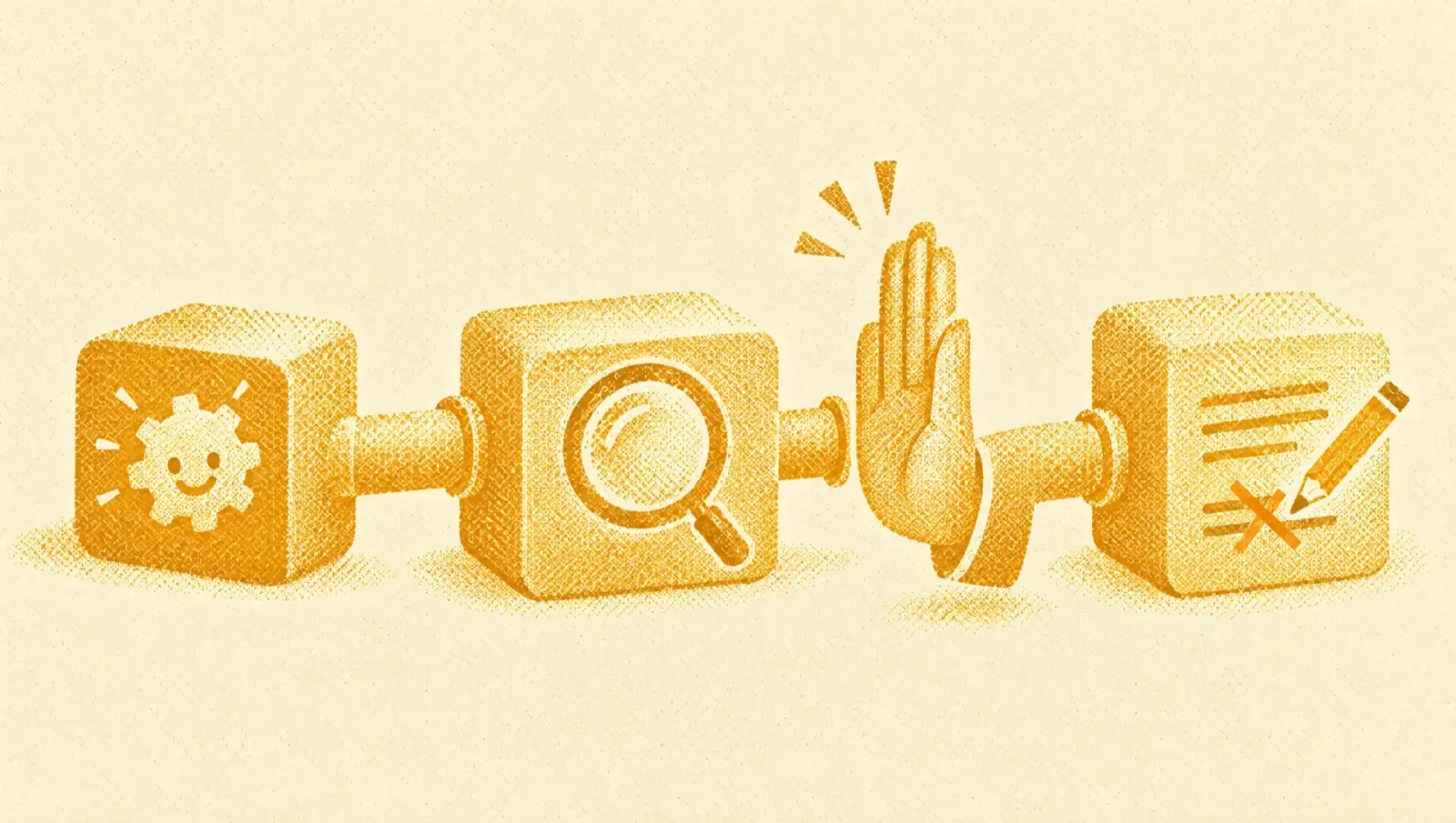 Ochre illustration: three connected blocks with a raised human hand as a checkpoint between the second and third, a magnifying glass and a pencil crossing out a line.