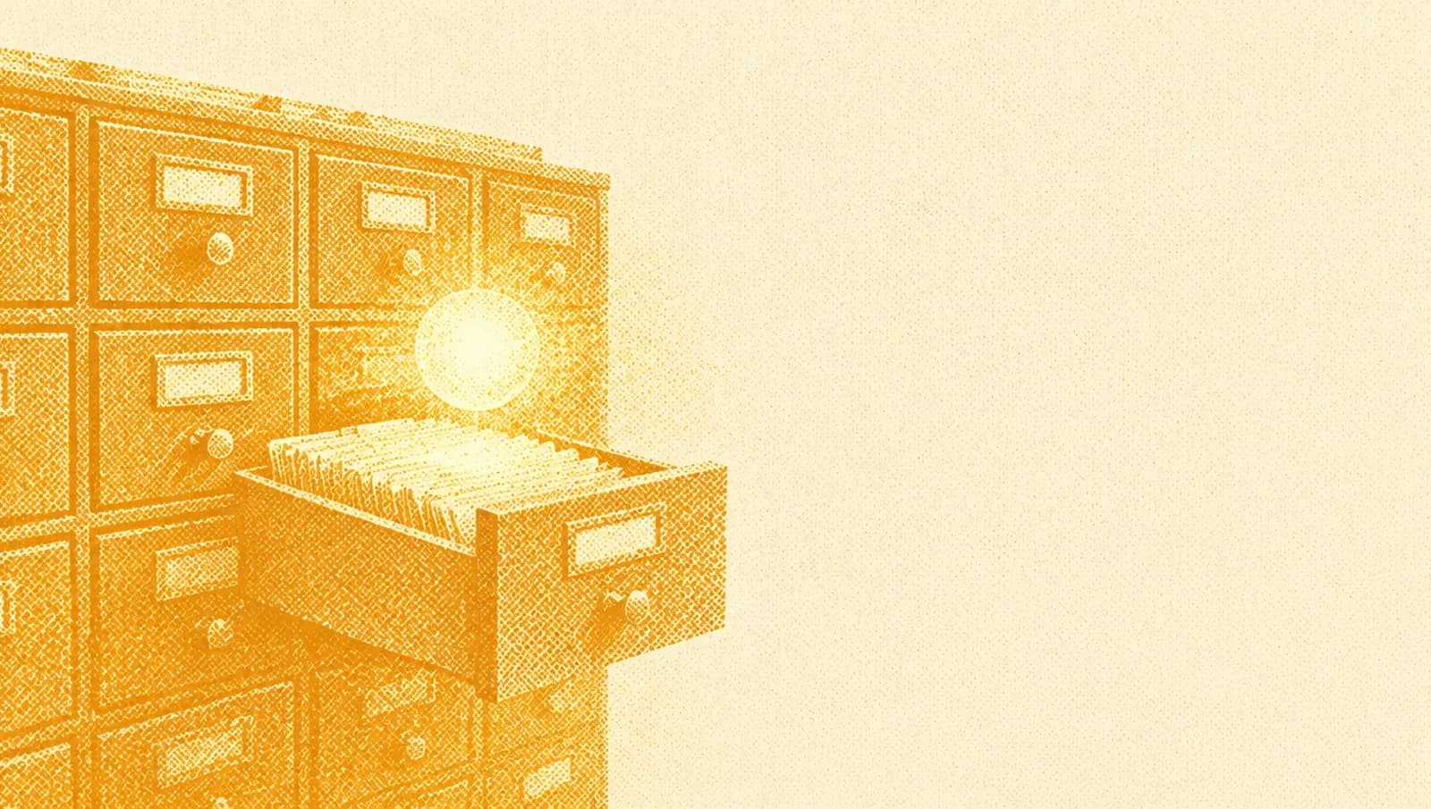 Ochre illustration: an old library card catalogue with one drawer pulled open and a small glowing orb of light hovering above it, reading the index cards.