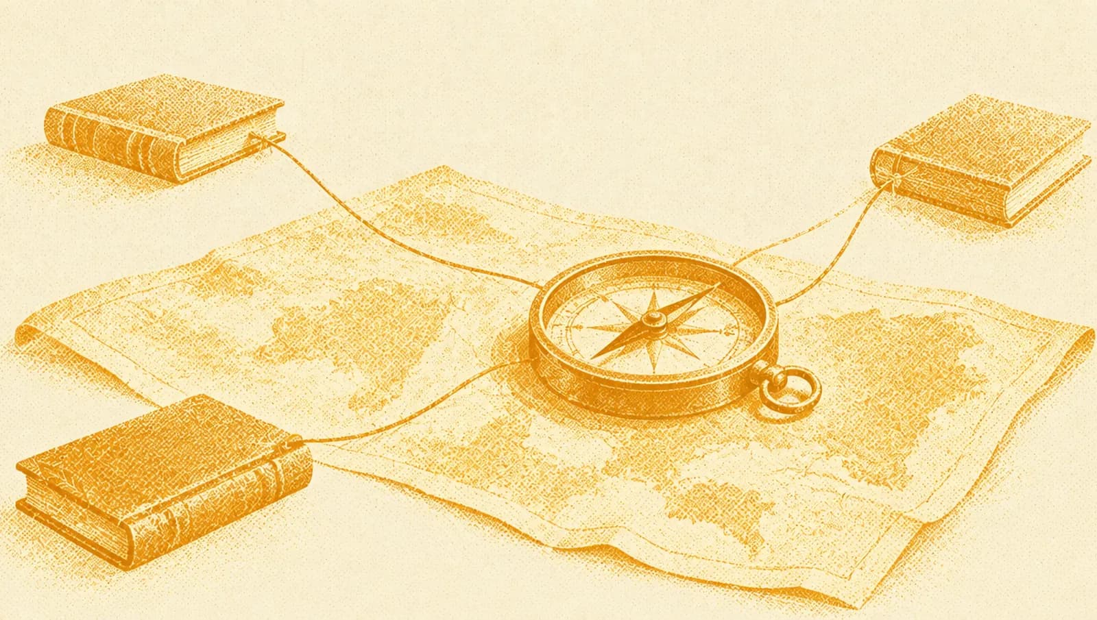 Ochre illustration: a brass compass lying on an open map, with thin threads connecting it to a few small books placed around the map.