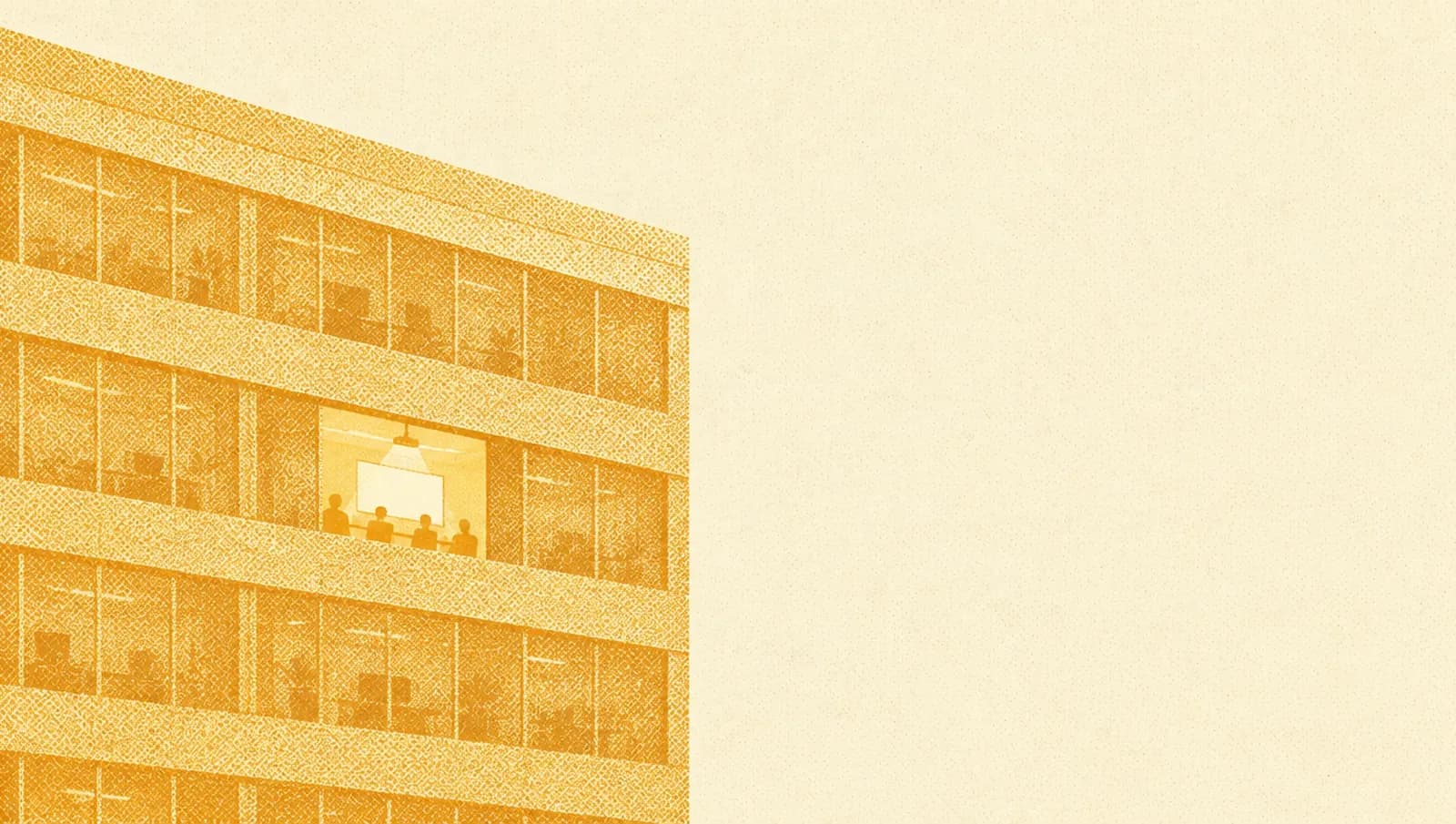 Ochre illustration: an office building facade with rows of windows, one lit with a small projector screen glowing inside.