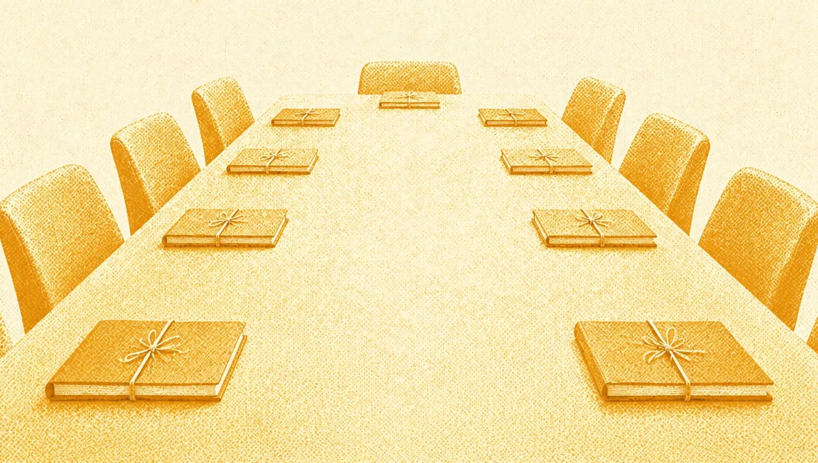 Ochre illustration: a long meeting table with identical notebooks tied with string laid at each seat.