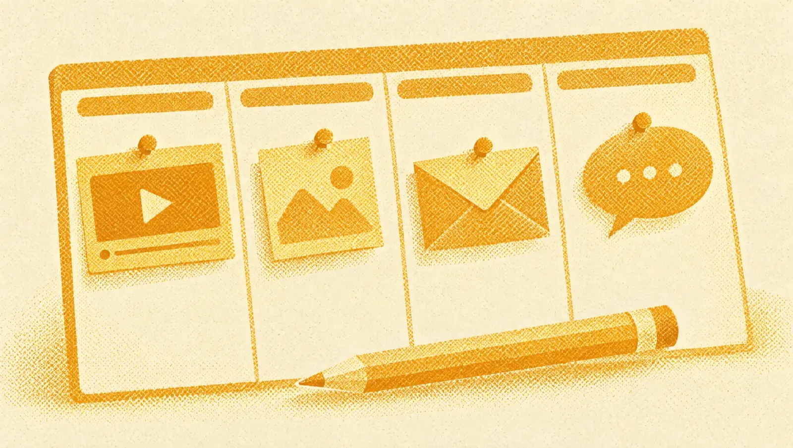 Ochre illustration: a large weekly board of columns with pinned cards of different shapes, a video frame, a square post, an envelope and a speech bubble, and a pencil lying across it.