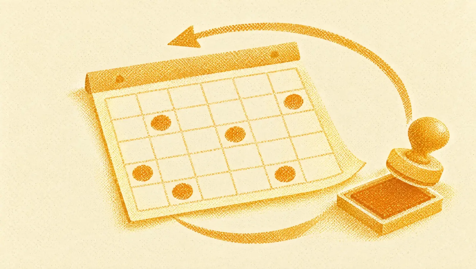 Ochre illustration: a monthly grid of empty cells with small round stamps on some cells and a curved arrow looping from the last row back to the first, with a stamp pad beside it.