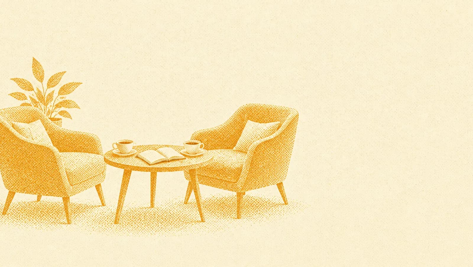 Illustrazione in toni ocra: due poltrone una di fronte all'altra con un tavolino, due tazze di tè e un quaderno aperto.
