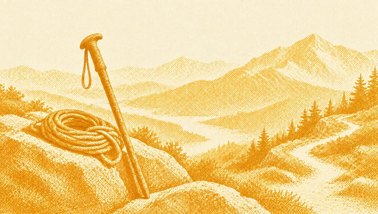 Illustrazione in toni ocra: un sentiero di montagna con un bastone da guida e una corda arrotolata appoggiati su una roccia in un punto panoramico.