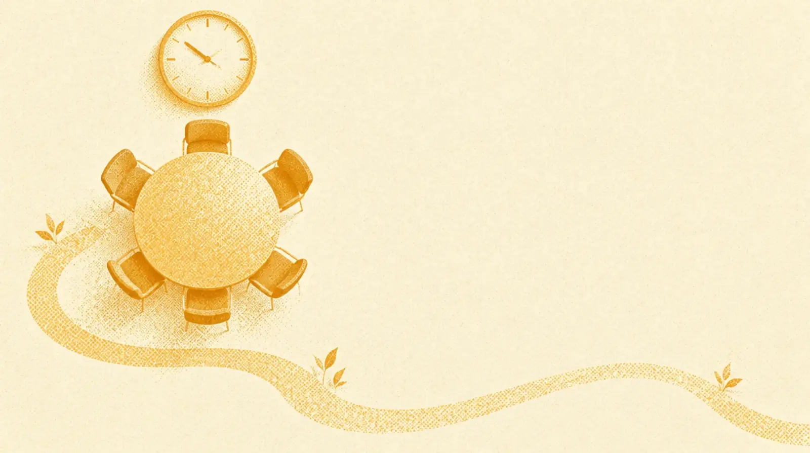 Illustrazione in toni ocra: un tavolo rotondo con sei sedie visto dall'alto, un grande orologio a muro sopra e un sentiero tortuoso separato che si allontana di lato.