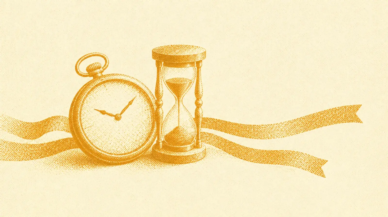 Illustrazione in toni ocra: un orologio da taschino accanto a una piccola clessidra, con due nastri paralleli di lunghezza diversa che si allontanano.