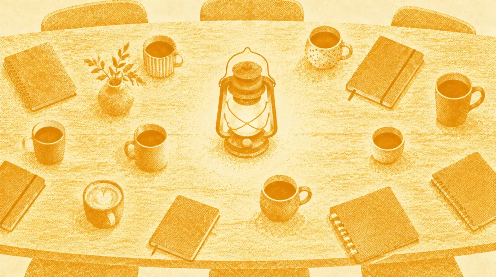 Ochre illustration: a long table seen from above with different mugs and notebooks laid along its sides and a lantern in the centre.