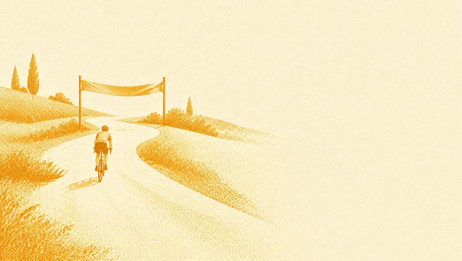 Ochre illustration: a winding country road ending at a finish ribbon between two poles, with a small bicycle approaching.
