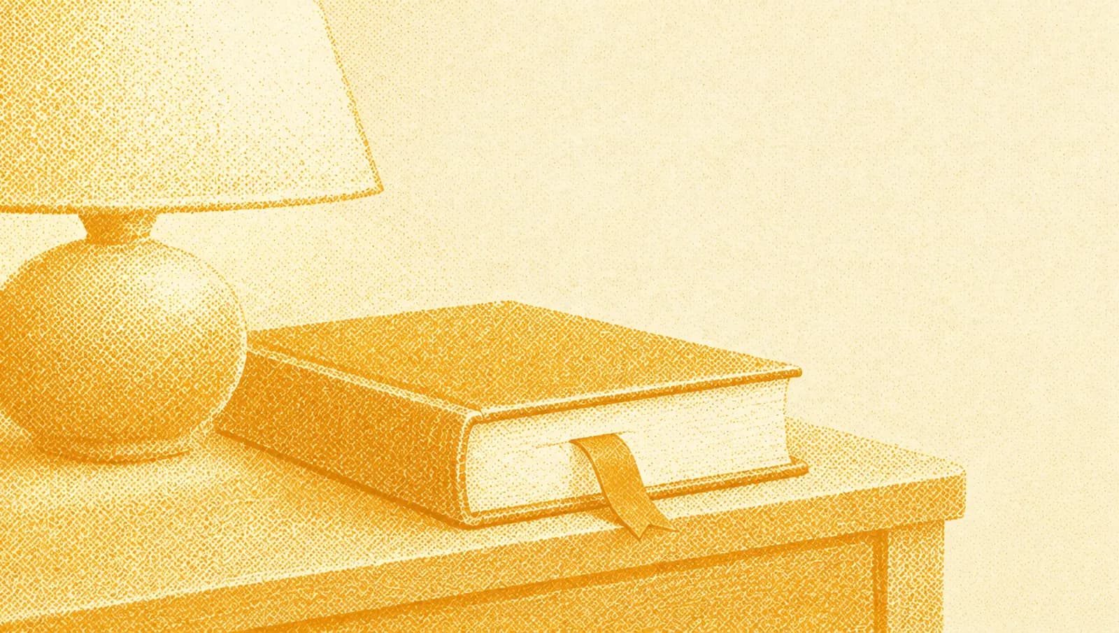 Ochre illustration: a thick book on a nightstand with a bookmark placed halfway, beside a small lamp.