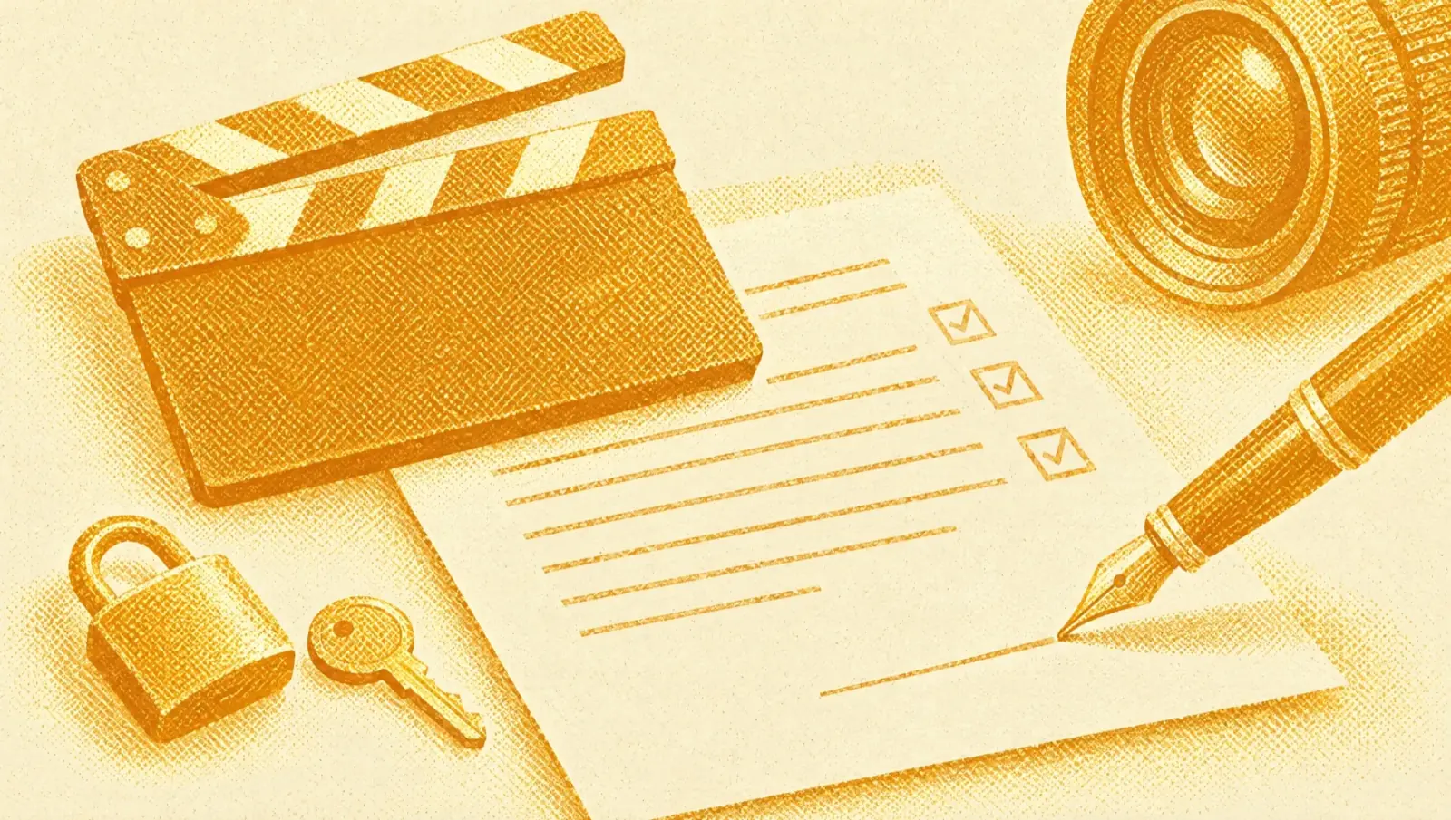 Illustrazione in toni ocra: un ciak appoggiato su un contratto con righe vuote e caselle da spuntare, una penna stilografica pronta a firmare, un piccolo lucchetto e una chiave accanto al foglio.