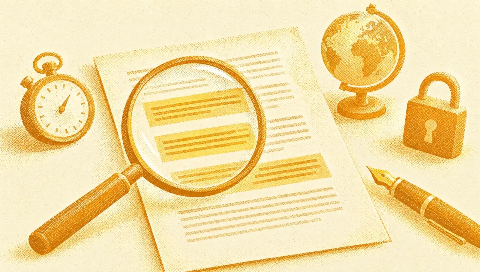 Illustrazione in toni ocra: una grande lente d'ingrandimento su un contratto con tre clausole evidenziate, accanto a un piccolo cronometro, un globo, un lucchetto e una penna stilografica.