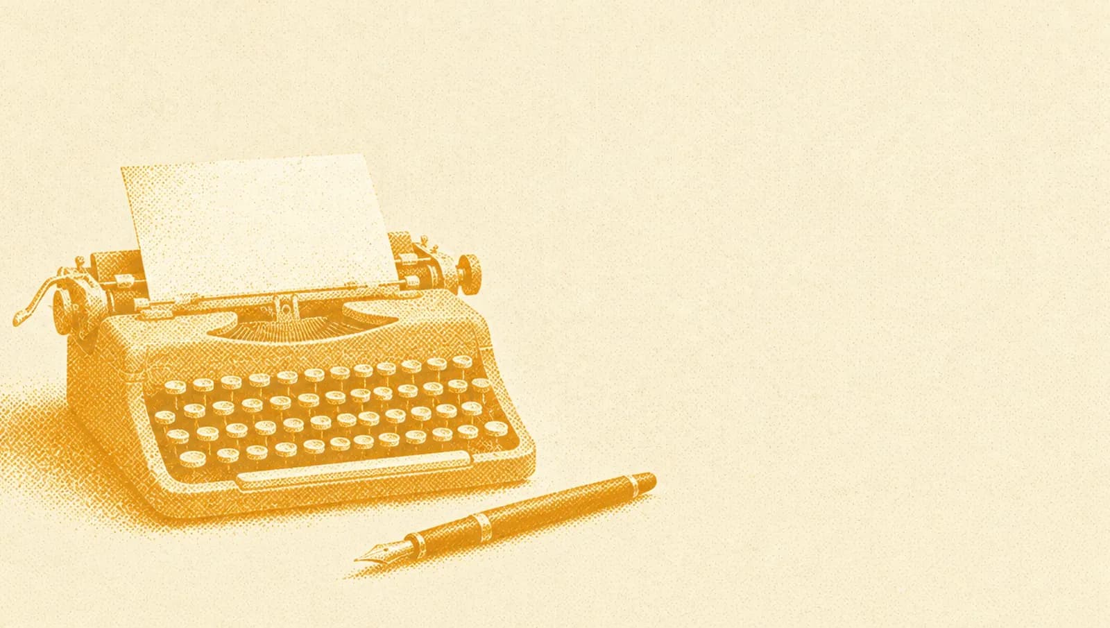 Illustrazione in toni ocra: una macchina da scrivere d'epoca con un solo foglio bianco inserito e una penna stilografica accanto.