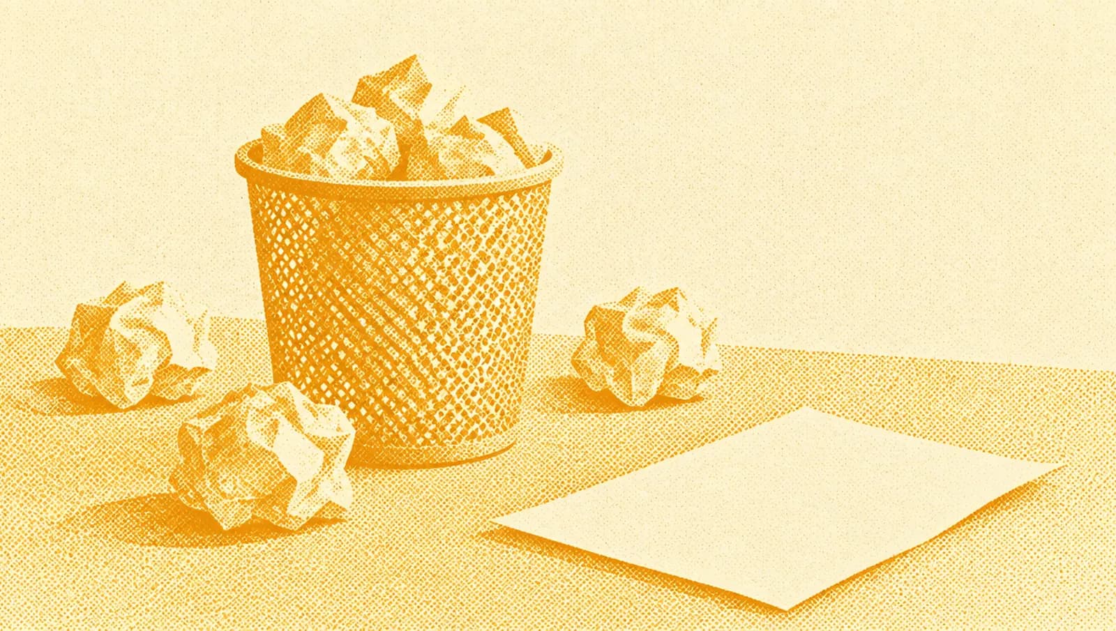 Illustrazione in toni ocra: palline di carta accartocciata intorno a un cestino e un unico foglio liscio appoggiato sulla scrivania.