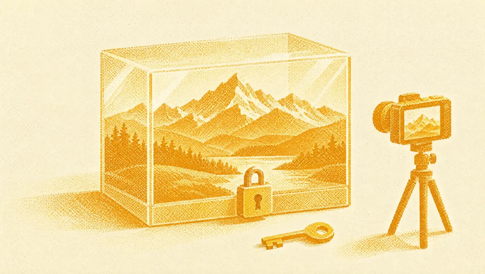 Illustrazione in toni ocra: un fotogramma video con un paesaggio di montagna chiuso in una scatola di vetro con un lucchetto, una chiave appoggiata fuori e una piccola fotocamera su cavalletto che la riprende di lato.