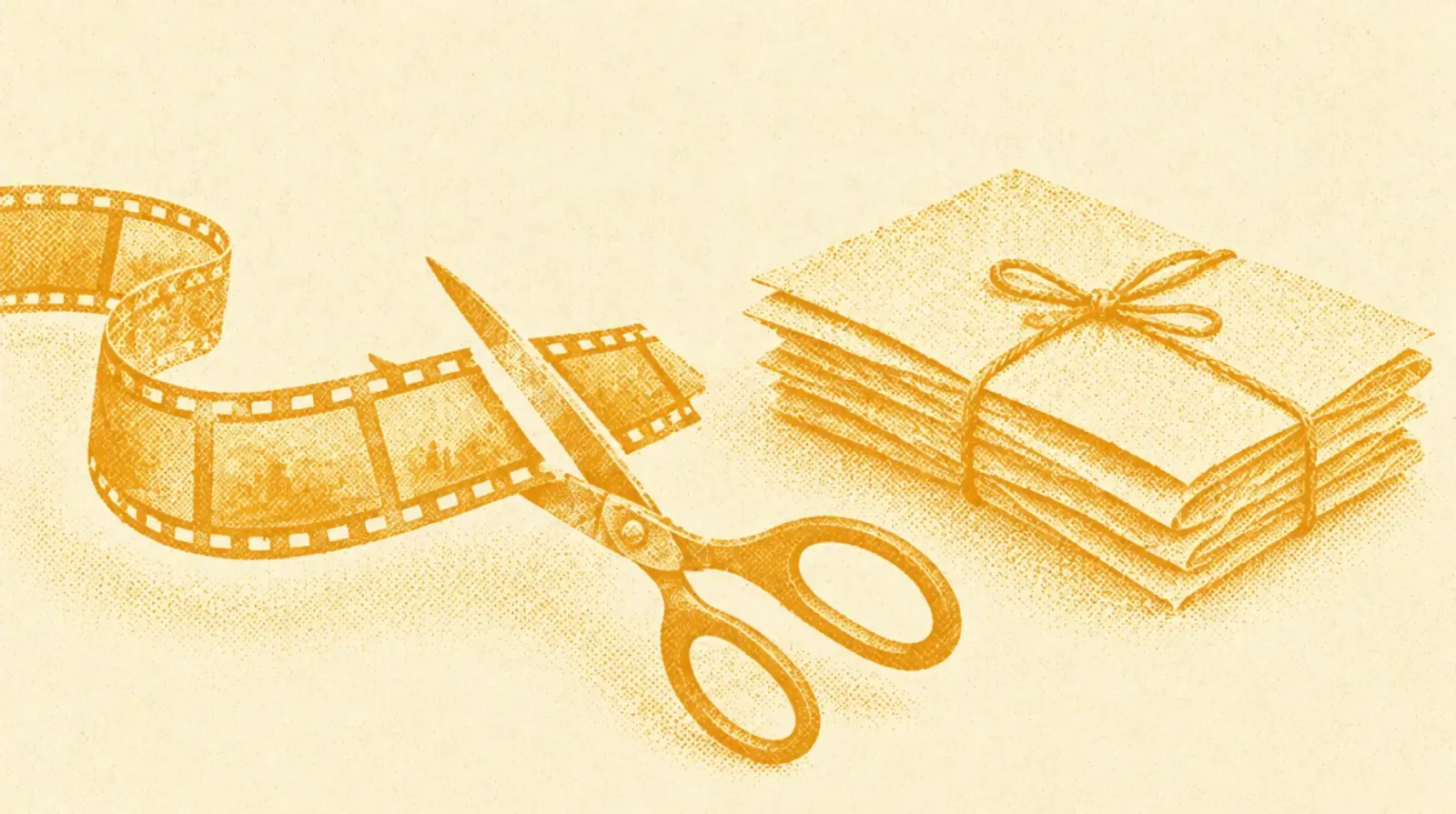 Ochre illustration: a strip of film with a few frames being cut by scissors, next to a small stack of folded contracts tied with string.
