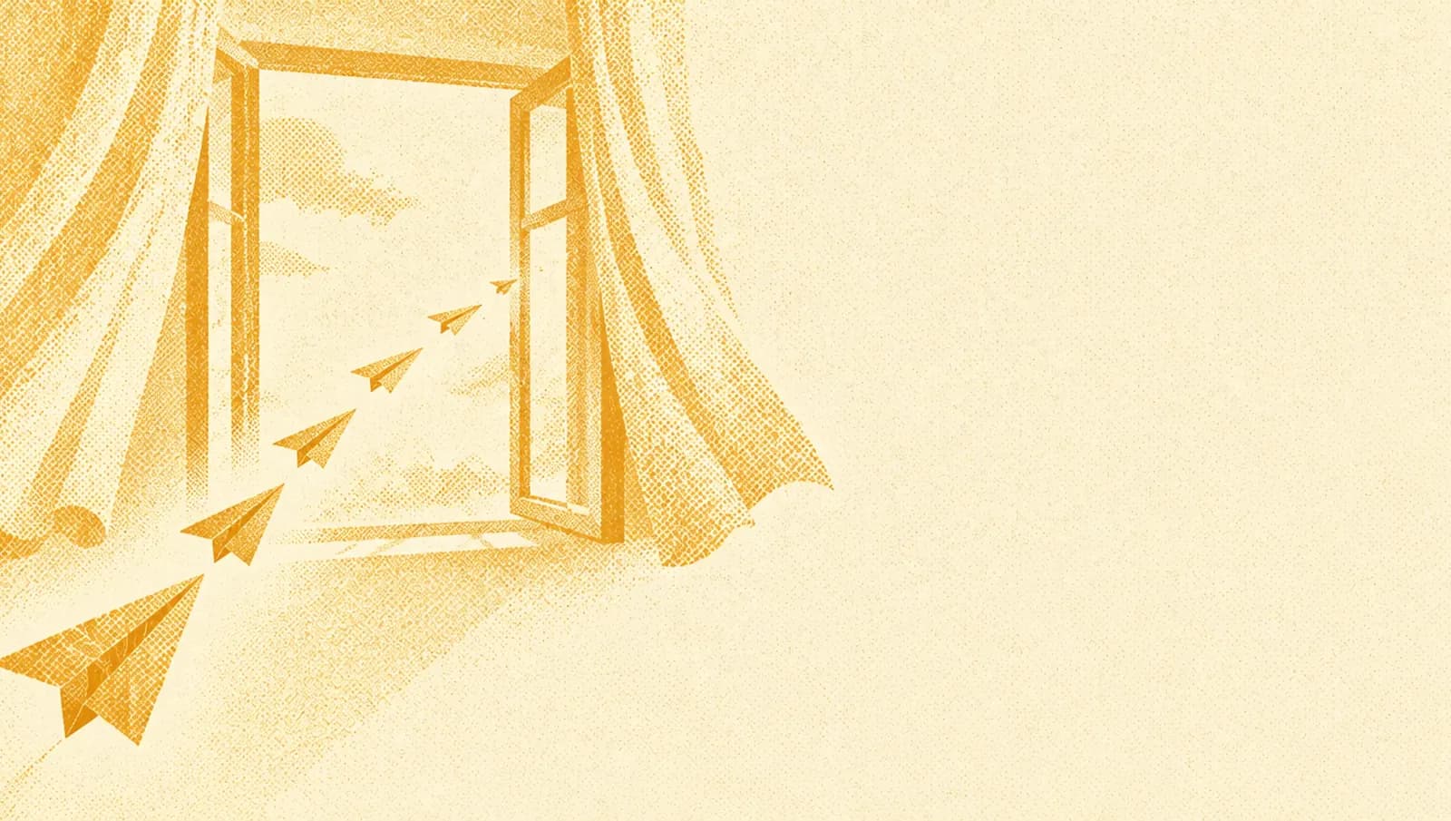 Ochre illustration: a line of paper airplanes flying one after another in a gentle arc toward an open window with curtains.