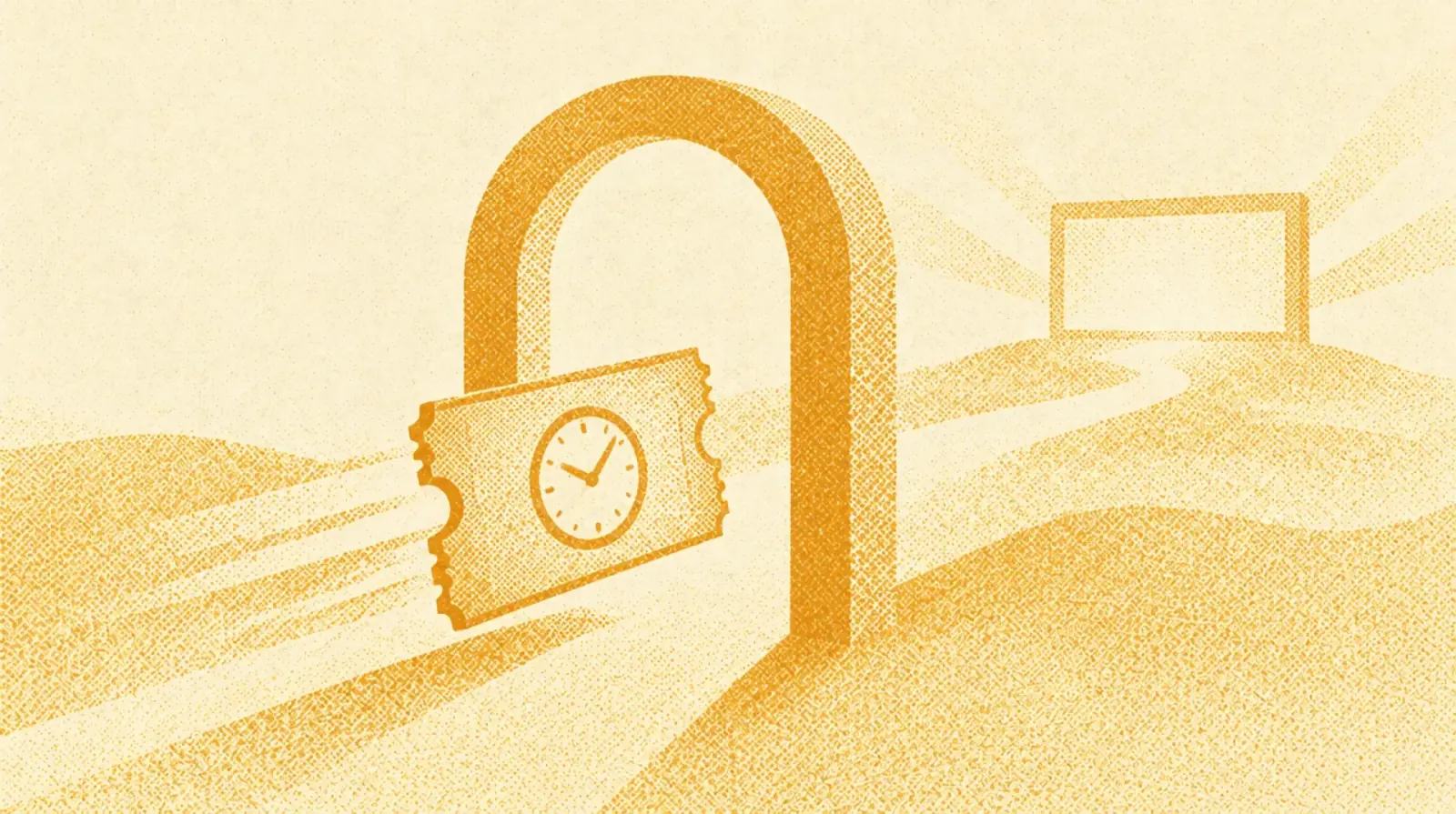 Illustrazione in toni ocra: un biglietto di carta con un piccolo orologio che passa sotto un arco verso uno schermo lontano.