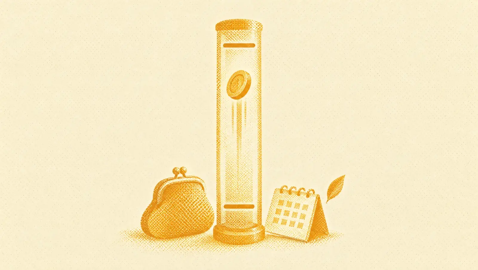 Illustrazione in toni ocra: un indicatore verticale con un segno inferiore e uno superiore, una moneta che sale al suo interno, e accanto un borsellino e una piccola pagina di calendario.