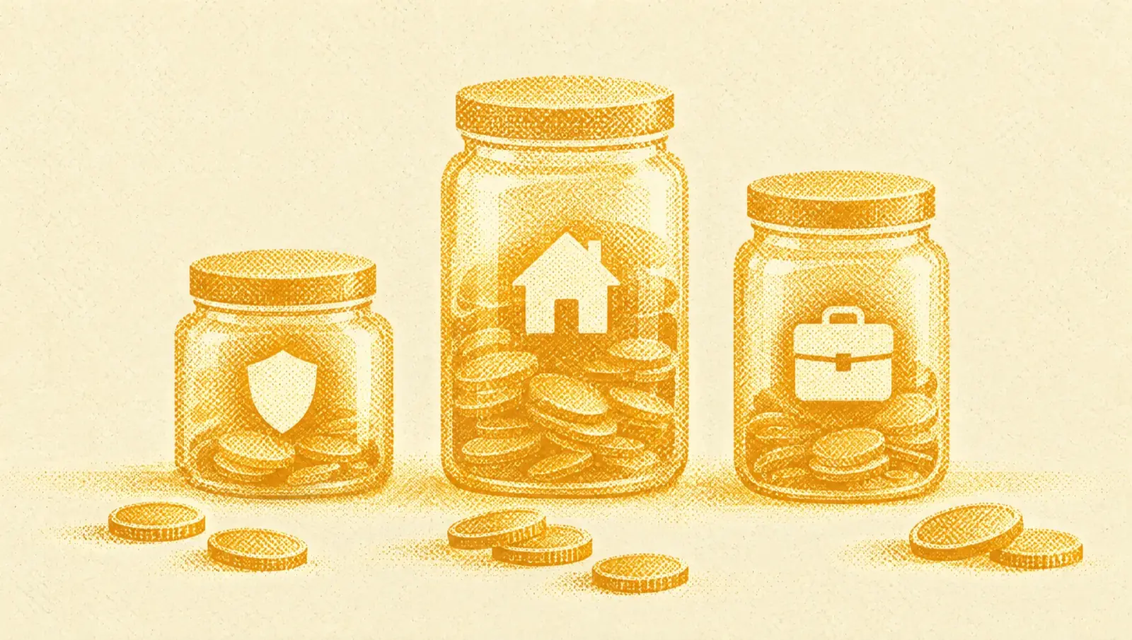 Illustrazione in toni ocra: tre barattoli di monete di altezze diverse affiancati, ciascuno con una piccola icona di scudo, casa o valigetta, e qualche moneta sparsa davanti.